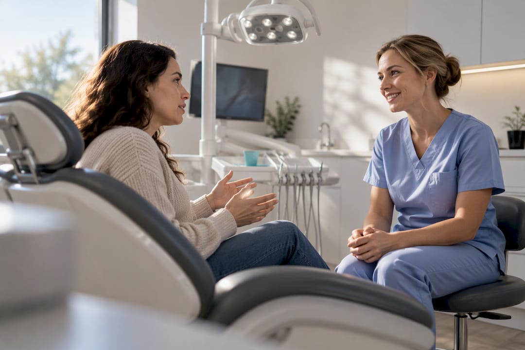 Dentist discussing anxiety with dental patient