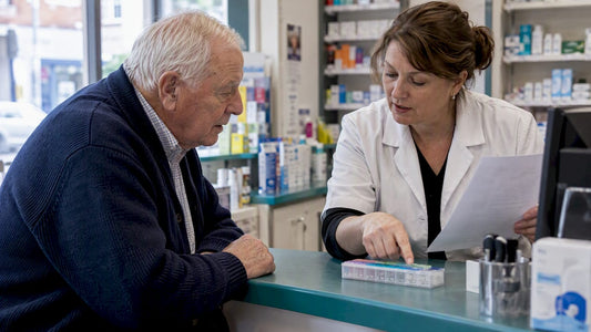 Older man discussing CBD safety with pharmacist