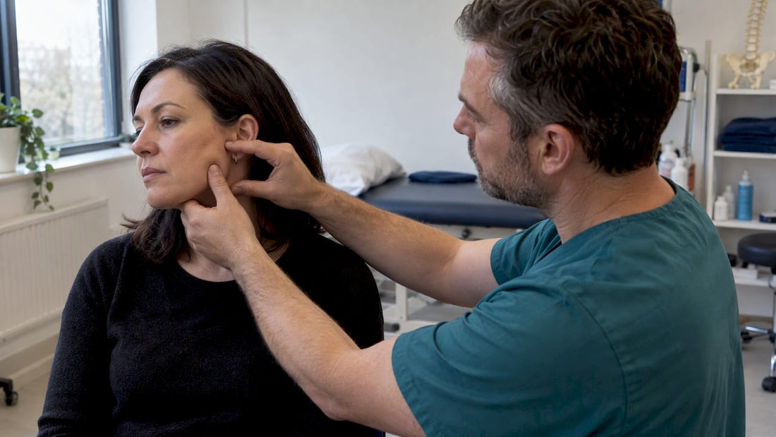 Clinician assessing jaw muscle tension
