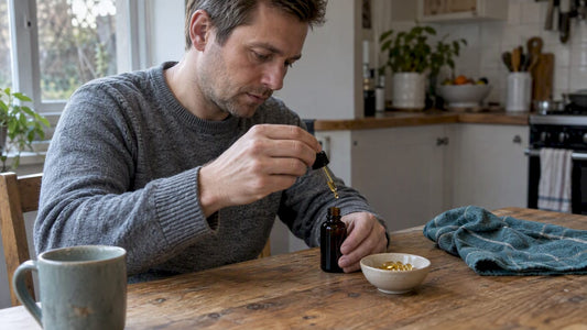 Adult measuring CBD beside omega 3 capsules
