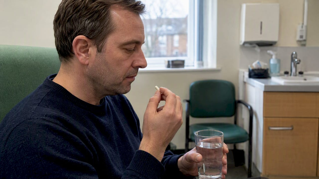 Participant holding a capsule during a study visit