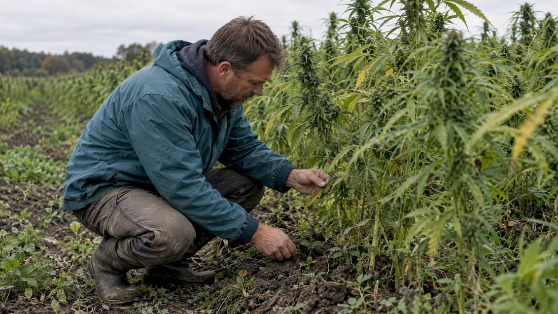 Grower inspecting hemp plants in a field