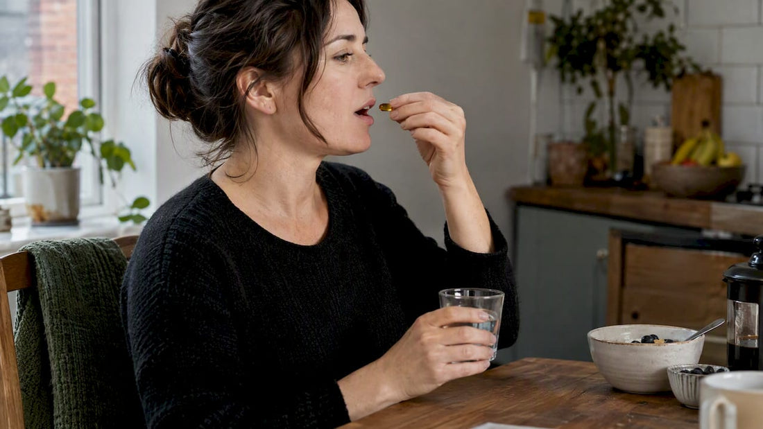 Adult swallowing a CBD softgel with water