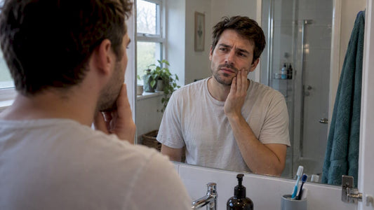 Adult checking jaw discomfort in mirror