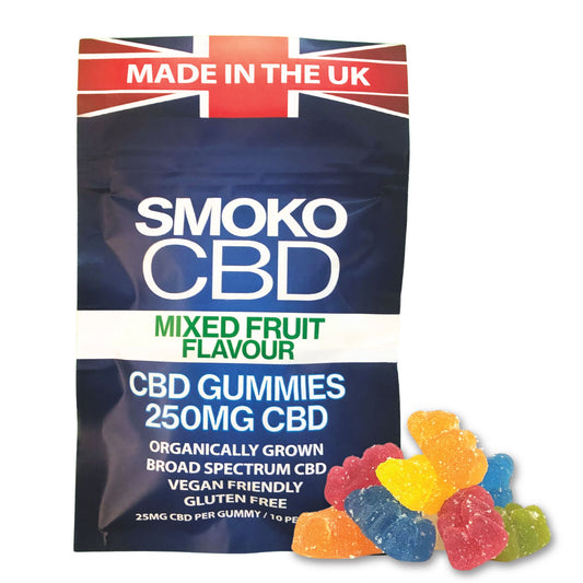 SMOKO CBD Mixed Fruit Flavour 250MG CBD Gummy Bears are made from the highest quality CBD extract from organically grown cannabis sativa plants and are Vegan Friendly