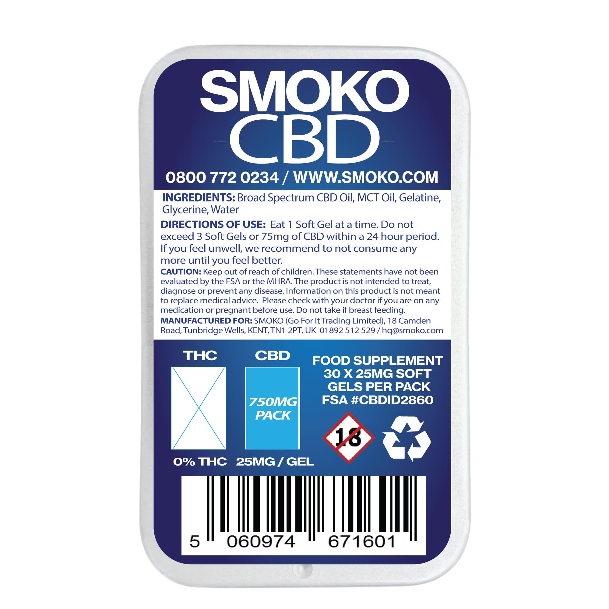 SMOKO CBD Broad Spectrum 750MG Soft Gel Capsules