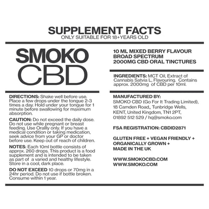 SMOKO CBD Mixed Berry Flavour 2000MG CBD Tinctures - Ingredients